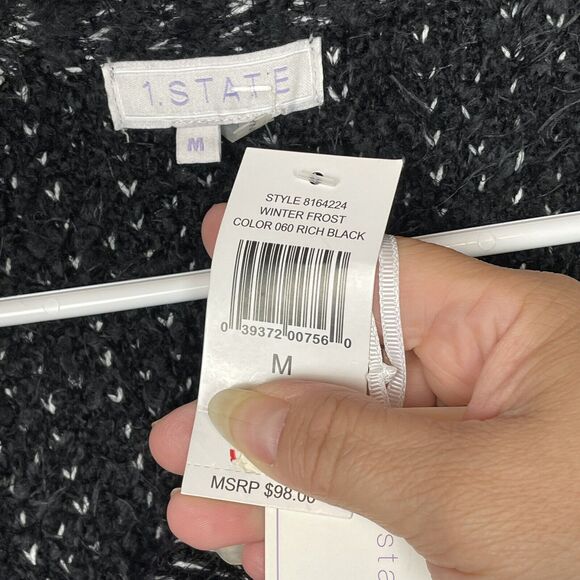 1. State Winter Frost Black White Eyelash Fringe Open Cardigan Jacket NWT Size M - Picture 7 of 12